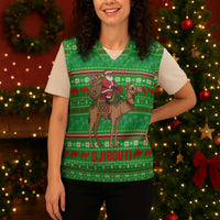 Djibouti Christmas Knitted V-Neck Vest with Santa Riding Camel Palm Trees Red Camel - Wonder Print Shop