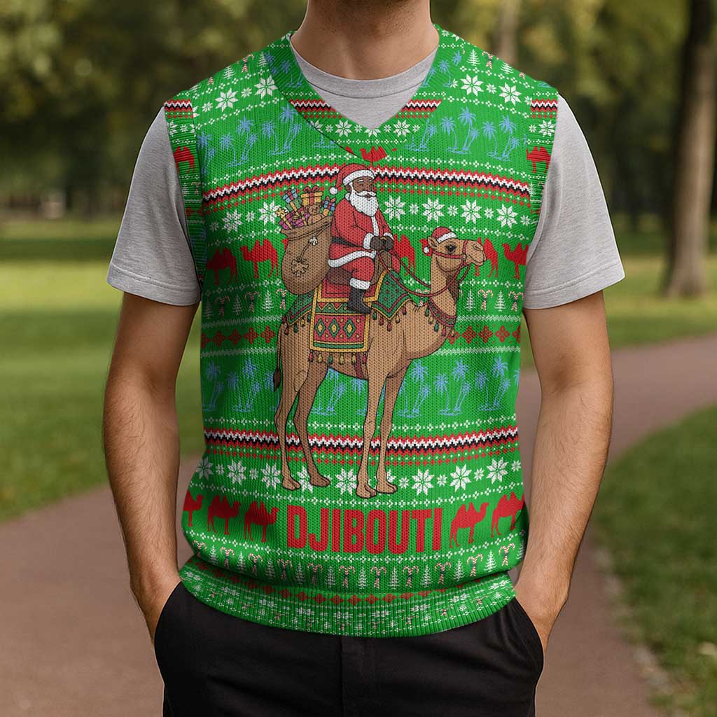 Djibouti Christmas Knitted V-Neck Vest with Santa Riding Camel Palm Trees Red Camel - Wonder Print Shop