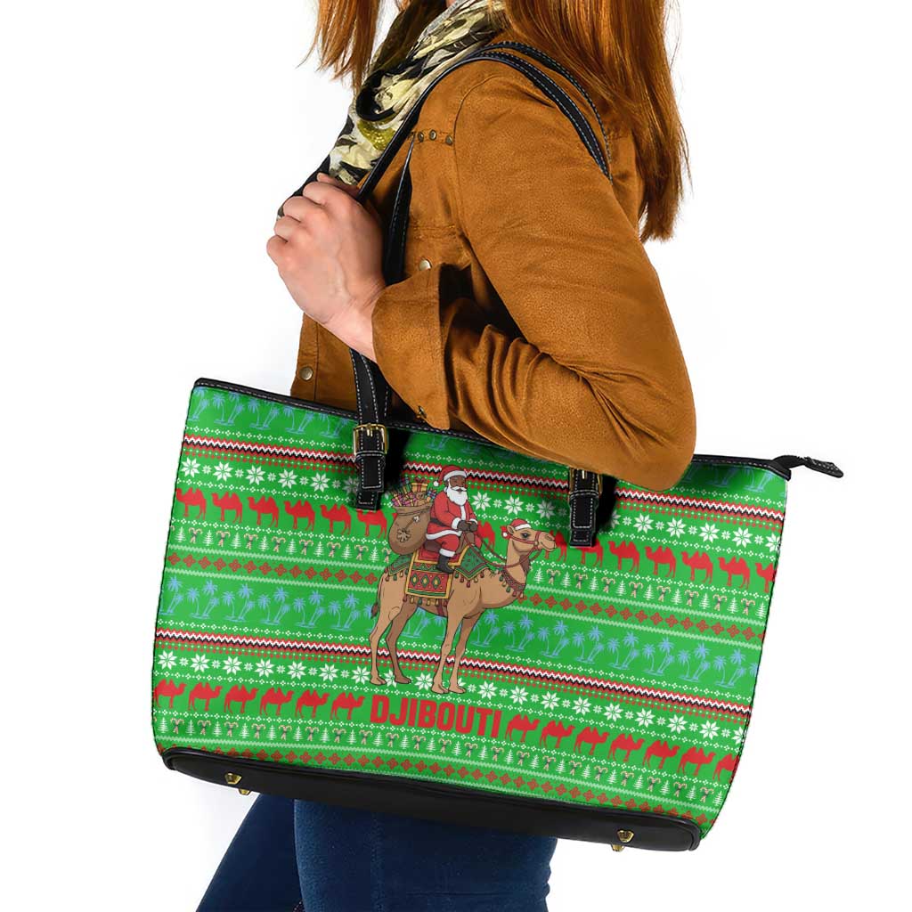 Djibouti Christmas Leather Tote Bag with Santa Riding Camel Palm Trees Red Camel - Wonder Print Shop