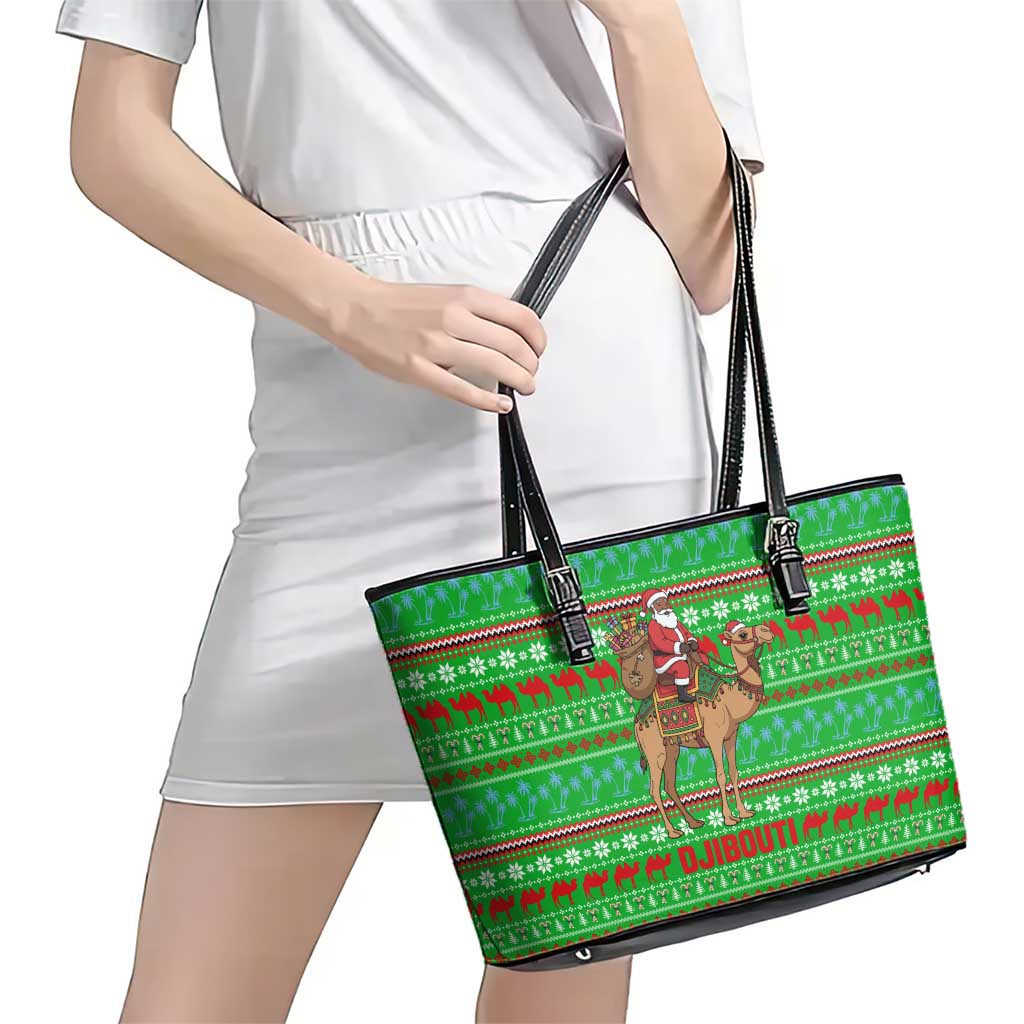 Djibouti Christmas Leather Tote Bag with Santa Riding Camel Palm Trees Red Camel - Wonder Print Shop