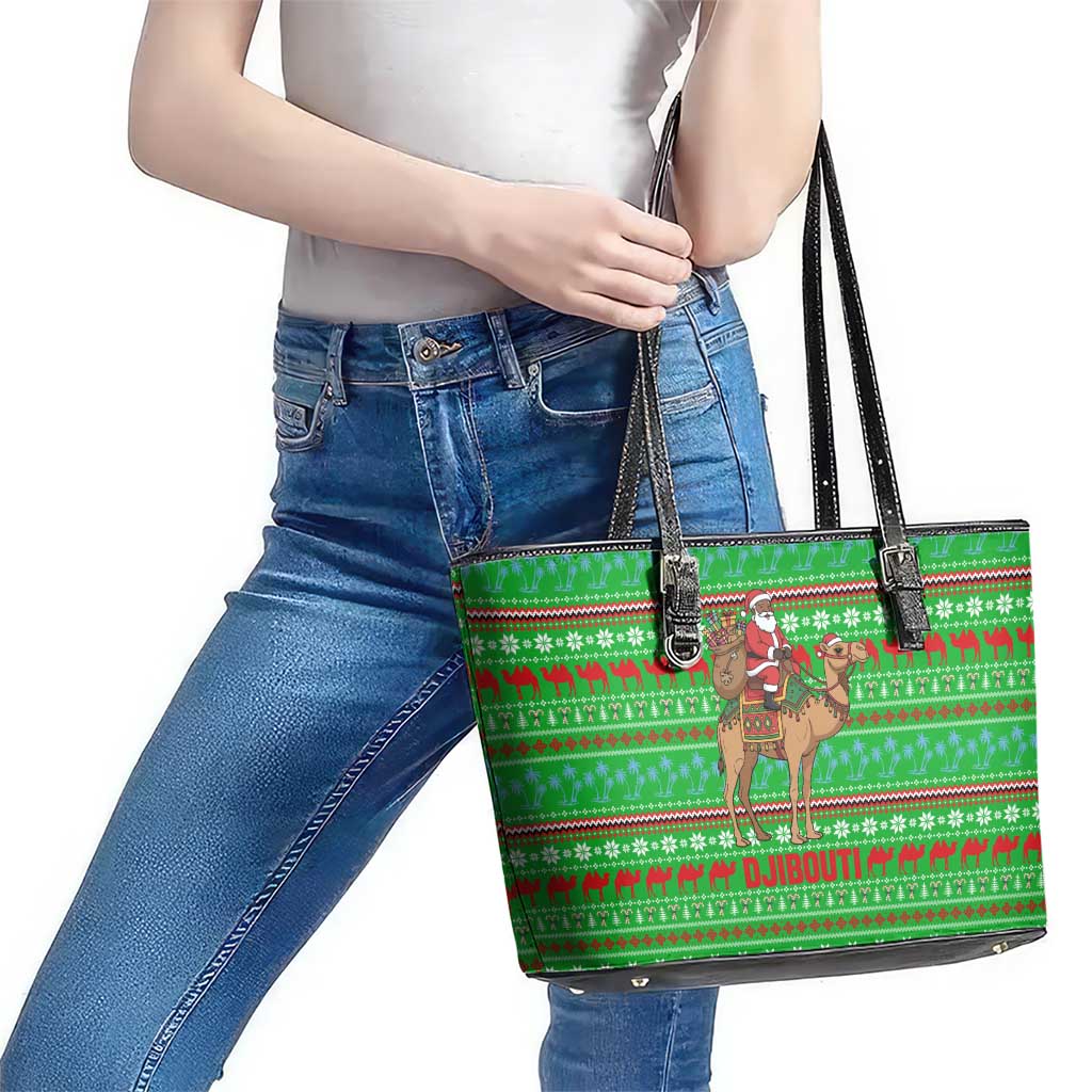 Djibouti Christmas Leather Tote Bag with Santa Riding Camel Palm Trees Red Camel - Wonder Print Shop