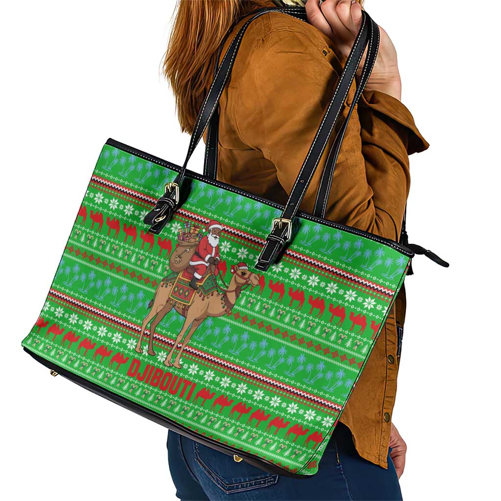 Djibouti Christmas Leather Tote Bag with Santa Riding Camel Palm Trees Red Camel - Wonder Print Shop