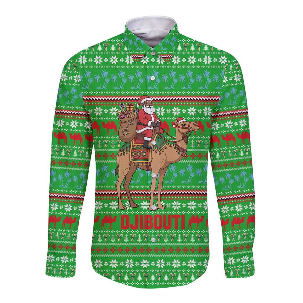 Djibouti Christmas Long Sleeve Button Shirt with Santa Riding Camel Palm Trees Red Camel - Wonder Print Shop