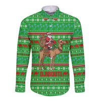 Djibouti Christmas Long Sleeve Button Shirt with Santa Riding Camel Palm Trees Red Camel - Wonder Print Shop