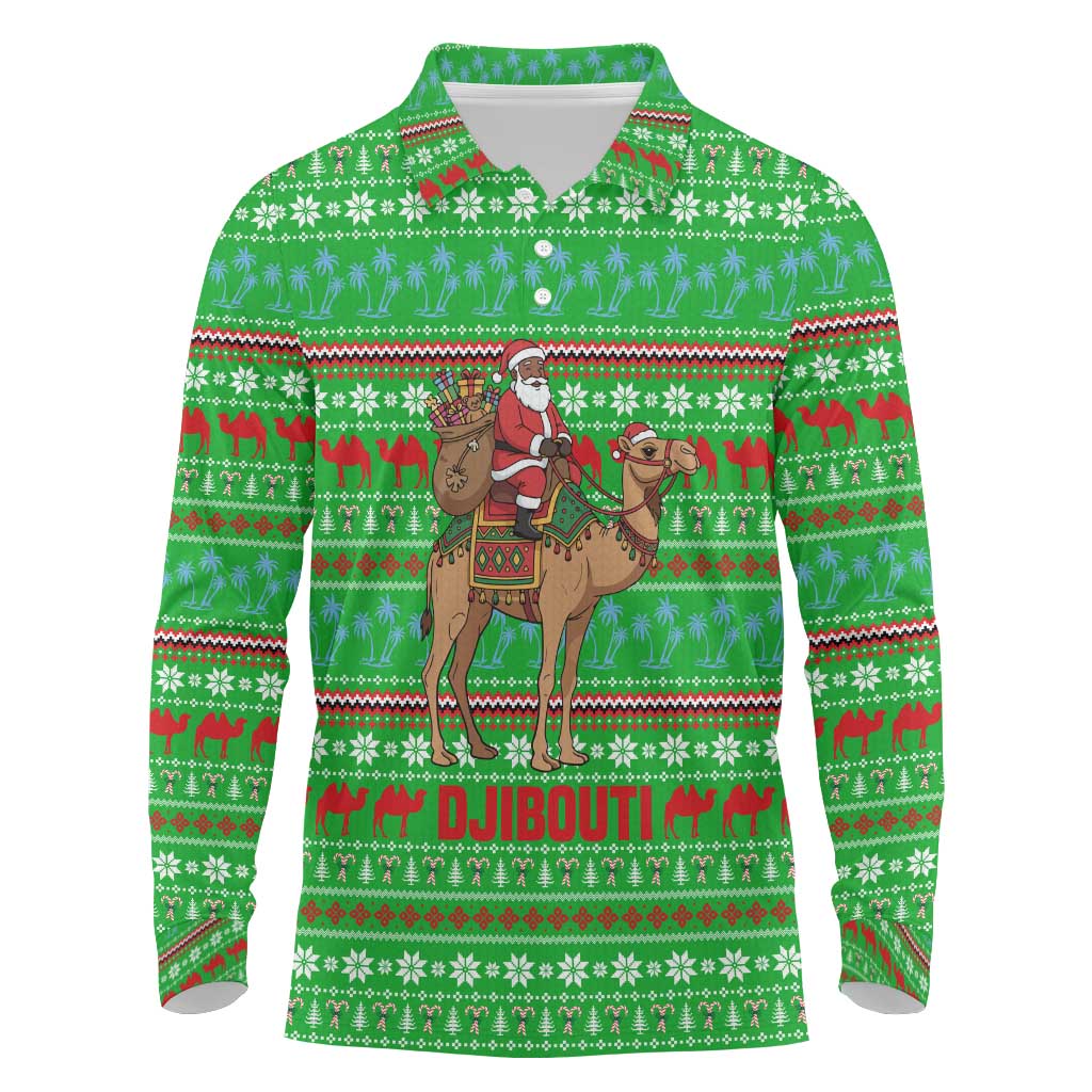 Djibouti Christmas Long Sleeve Polo Shirt with Santa Riding Camel Palm Trees Red Camel - Wonder Print Shop