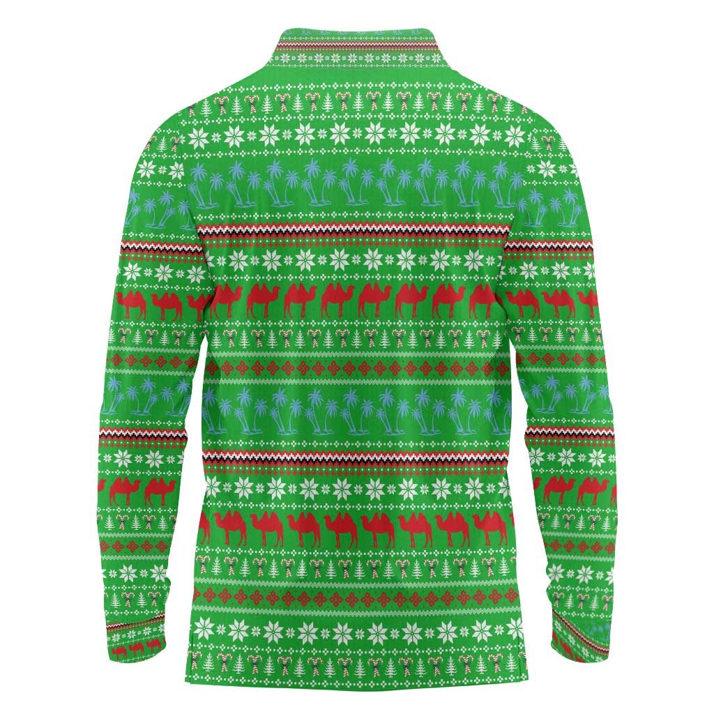 Djibouti Christmas Long Sleeve Polo Shirt with Santa Riding Camel Palm Trees Red Camel - Wonder Print Shop
