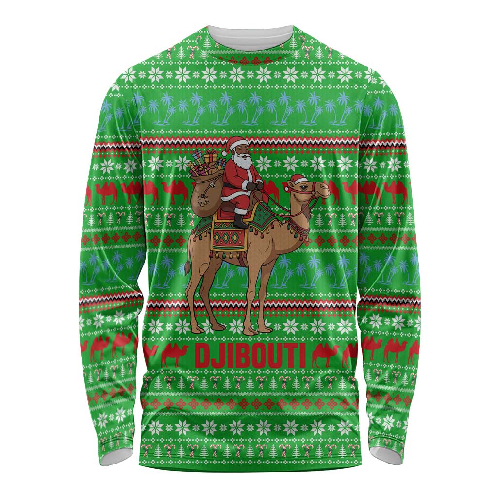 Djibouti Christmas Long Sleeve Shirt with Santa Riding Camel Palm Trees Red Camel - Wonder Print Shop