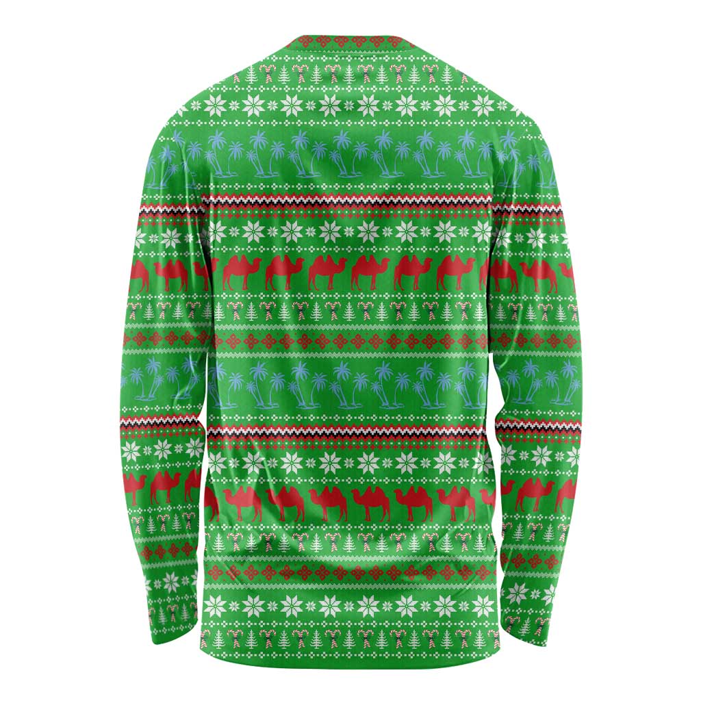 Djibouti Christmas Long Sleeve Shirt with Santa Riding Camel Palm Trees Red Camel - Wonder Print Shop