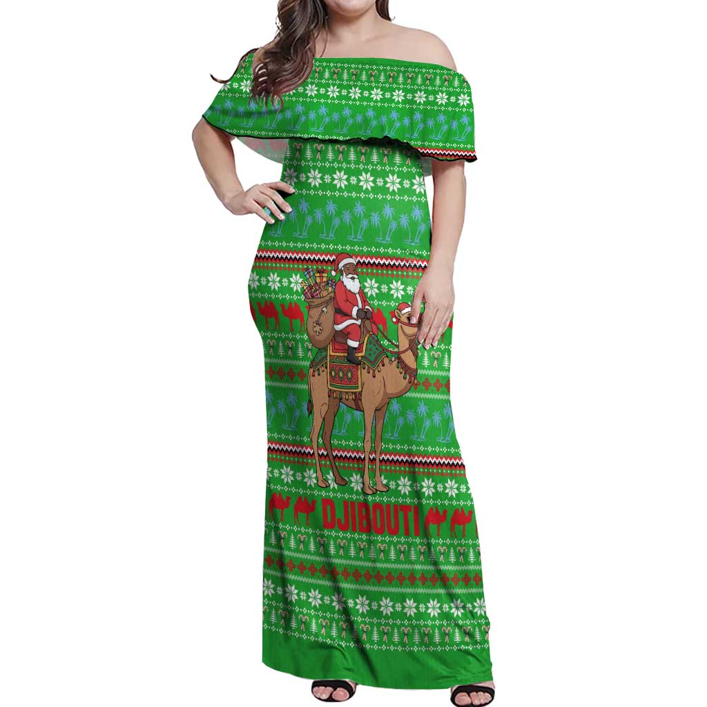 Djibouti Christmas Off Shoulder Maxi Dress with Santa Riding Camel Palm Trees Red Camel - Wonder Print Shop