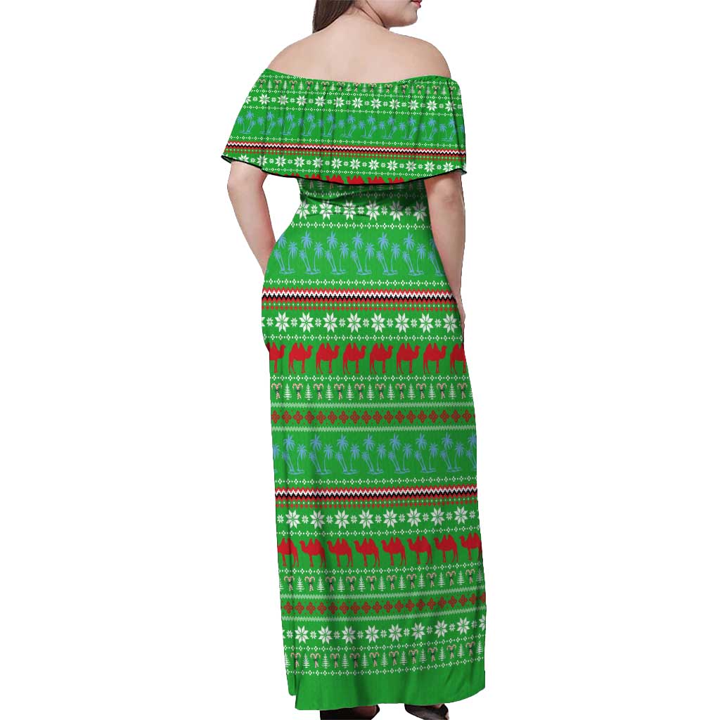 Djibouti Christmas Off Shoulder Maxi Dress with Santa Riding Camel Palm Trees Red Camel - Wonder Print Shop