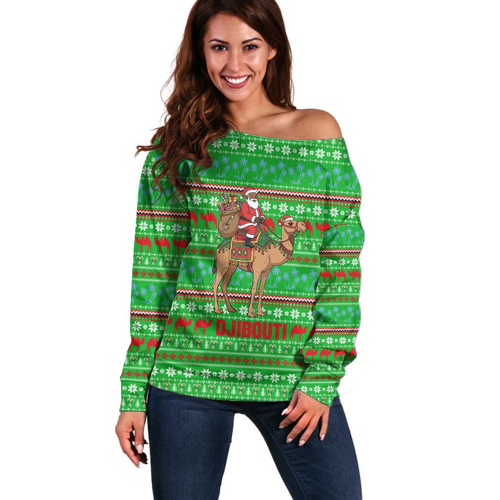 Djibouti Christmas Off Shoulder Sweater with Santa Riding Camel Palm Trees Red Camel - Wonder Print Shop