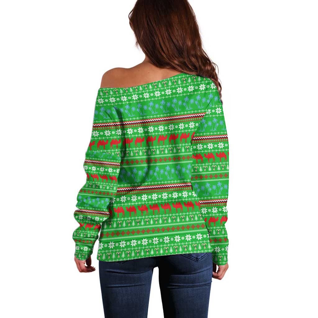Djibouti Christmas Off Shoulder Sweater with Santa Riding Camel Palm Trees Red Camel - Wonder Print Shop