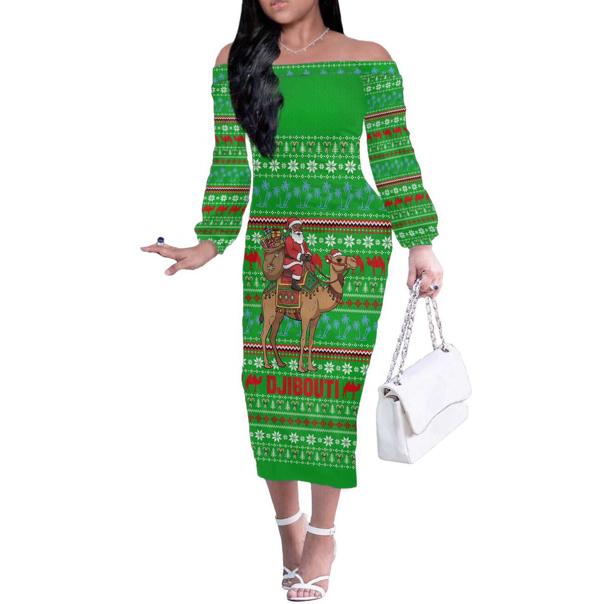 Djibouti Christmas Off The Shoulder Long Sleeve Dress with Santa Riding Camel Palm Trees Red Camel - Wonder Print Shop