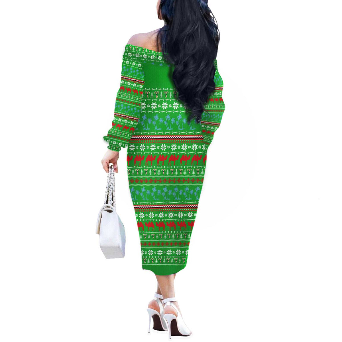 Djibouti Christmas Off The Shoulder Long Sleeve Dress with Santa Riding Camel Palm Trees Red Camel - Wonder Print Shop