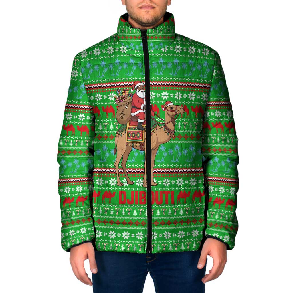 Djibouti Christmas Padded Jacket with Santa Riding Camel Palm Trees Red Camel - Wonder Print Shop