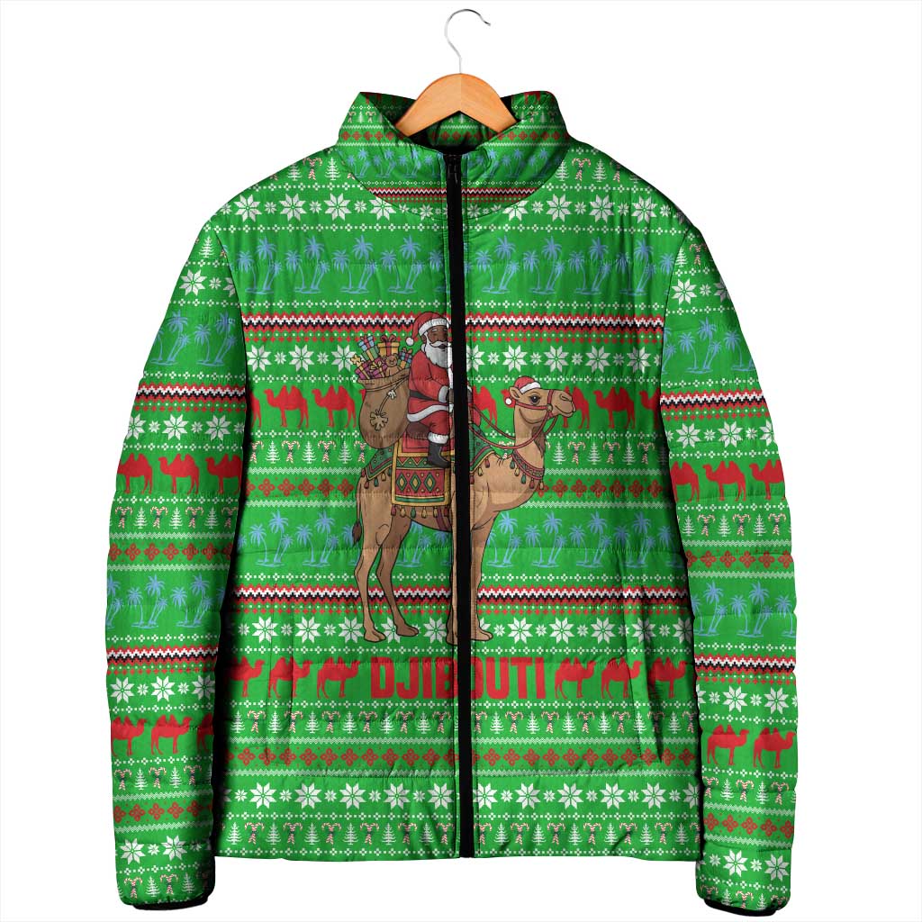 Djibouti Christmas Padded Jacket with Santa Riding Camel Palm Trees Red Camel - Wonder Print Shop