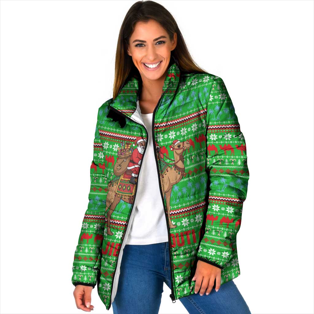 Djibouti Christmas Padded Jacket with Santa Riding Camel Palm Trees Red Camel - Wonder Print Shop