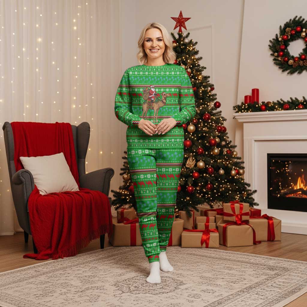 Djibouti Christmas Pajama Set with Santa Riding Camel Palm Trees Red Camel - Wonder Print Shop