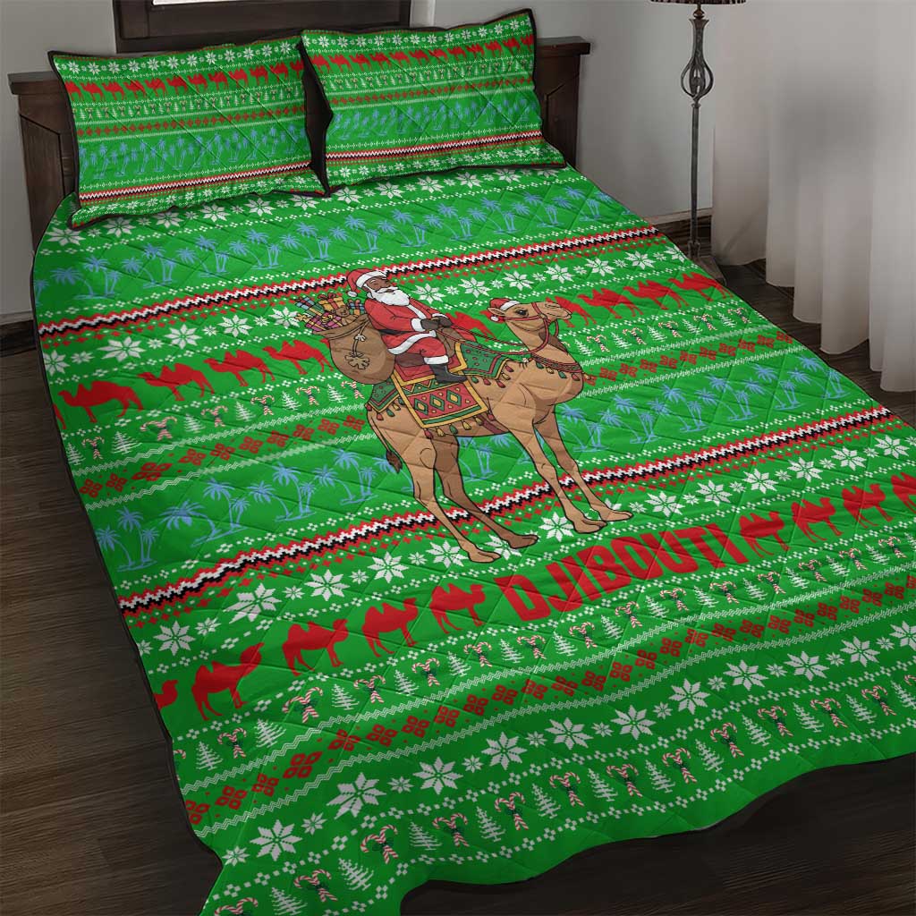 Djibouti Christmas Quilt Bed Set with Santa Riding Camel Palm Trees Red Camel - Wonder Print Shop