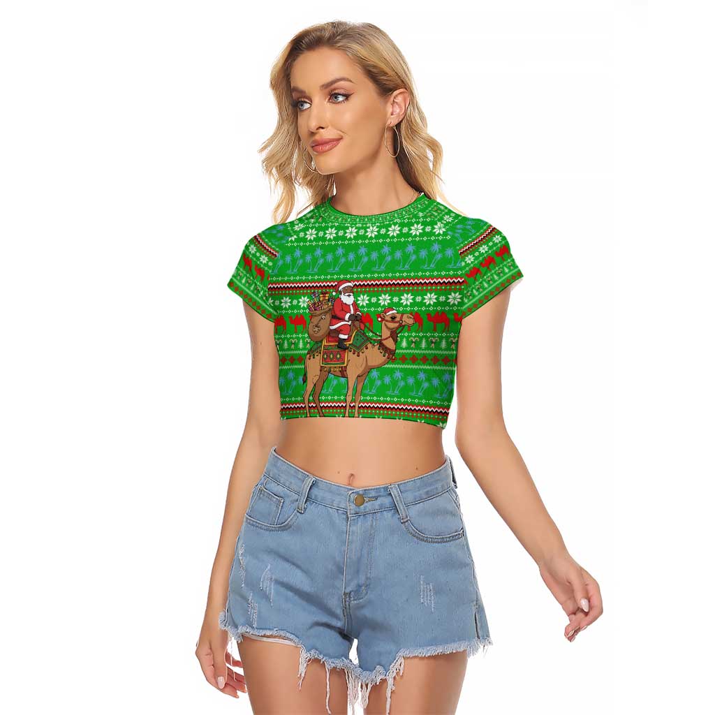 Djibouti Christmas Raglan Cropped T Shirt with Santa Riding Camel Palm Trees Red Camel - Wonder Print Shop