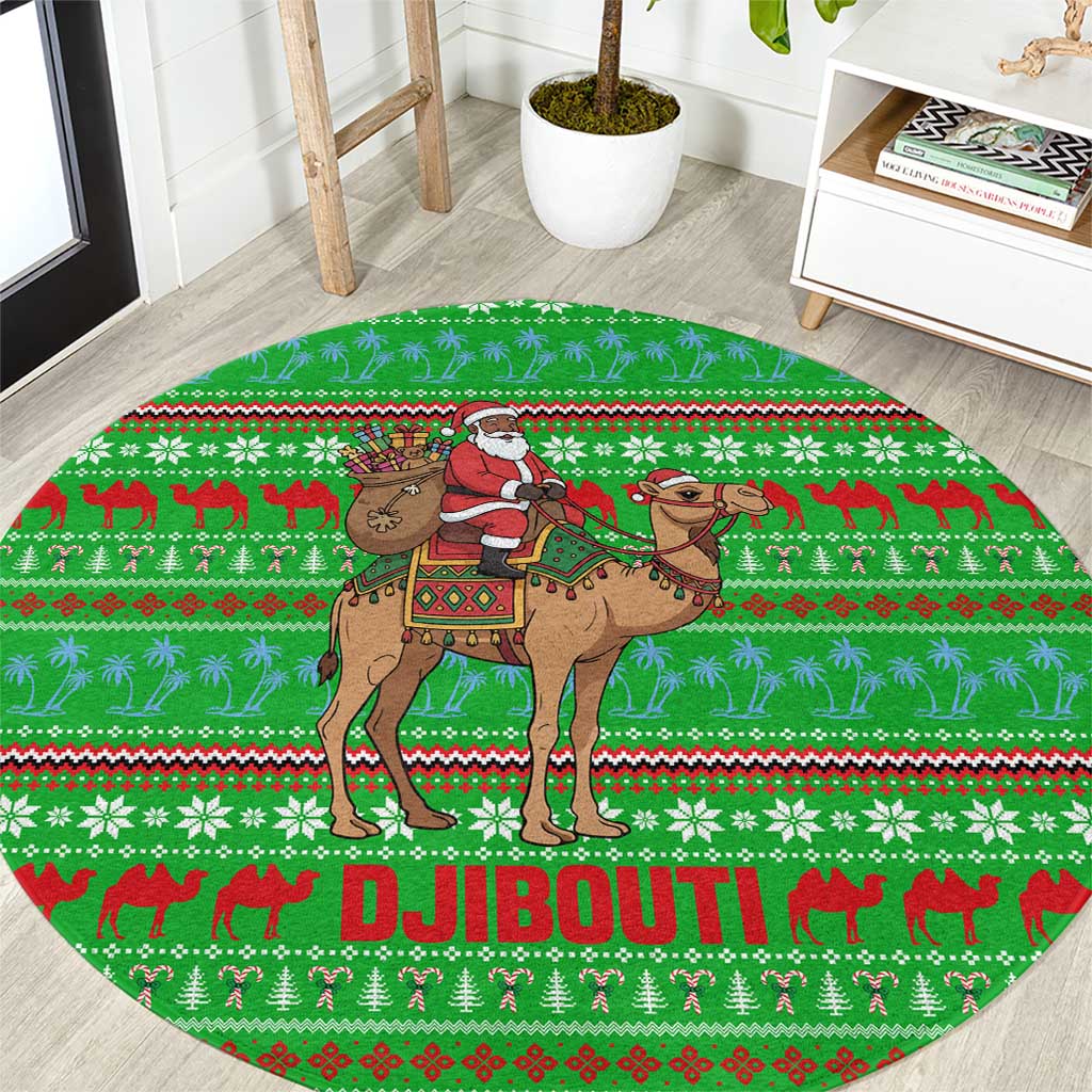 Djibouti Christmas Round Carpet with Santa Riding Camel Palm Trees Red Camel - Wonder Print Shop