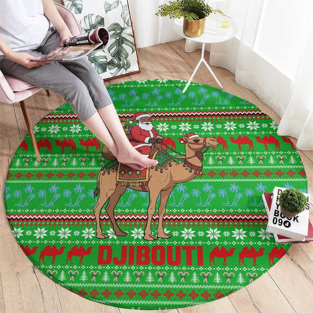 Djibouti Christmas Round Carpet with Santa Riding Camel Palm Trees Red Camel - Wonder Print Shop