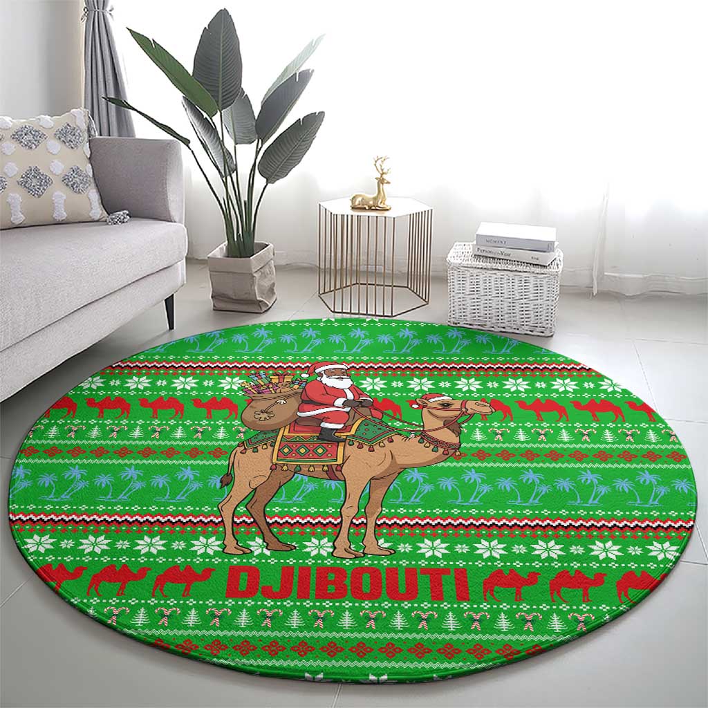 Djibouti Christmas Round Carpet with Santa Riding Camel Palm Trees Red Camel - Wonder Print Shop