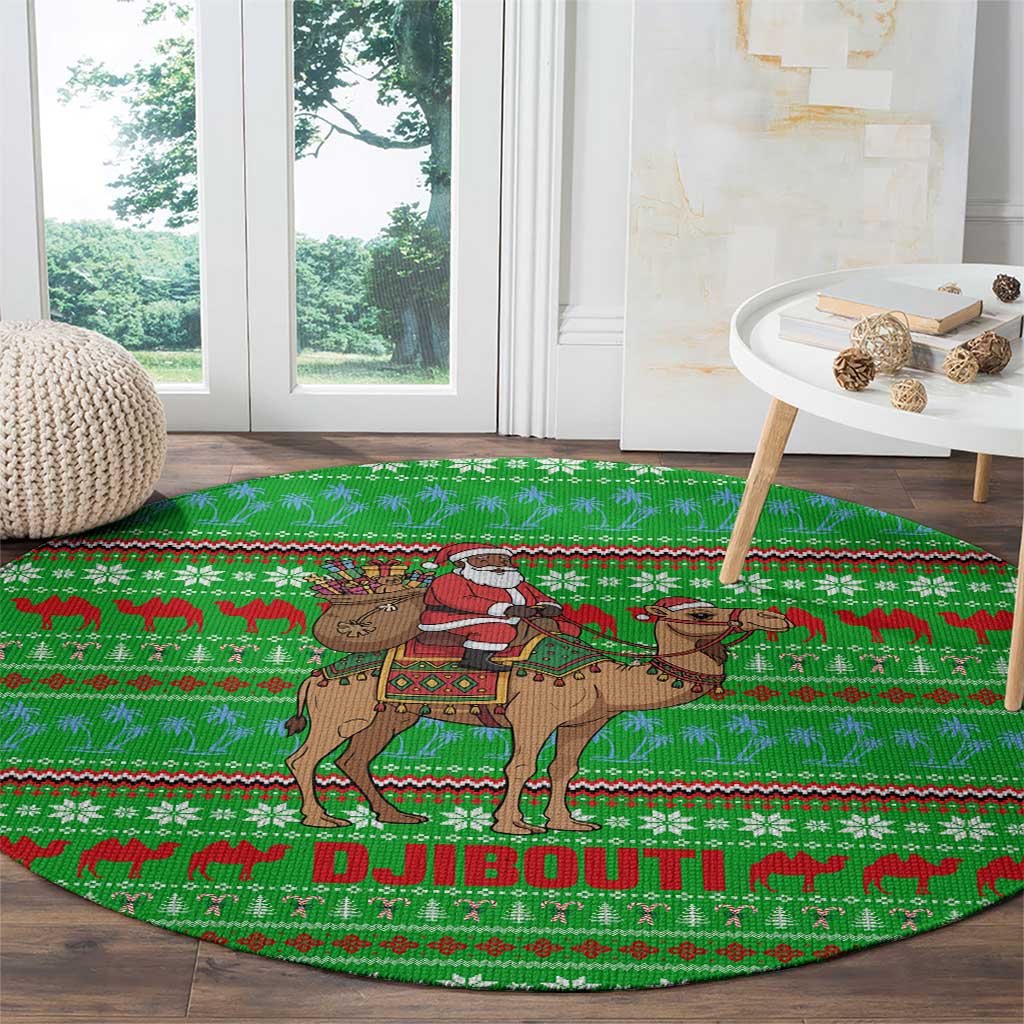 Djibouti Christmas Round Carpet with Santa Riding Camel Palm Trees Red Camel - Wonder Print Shop