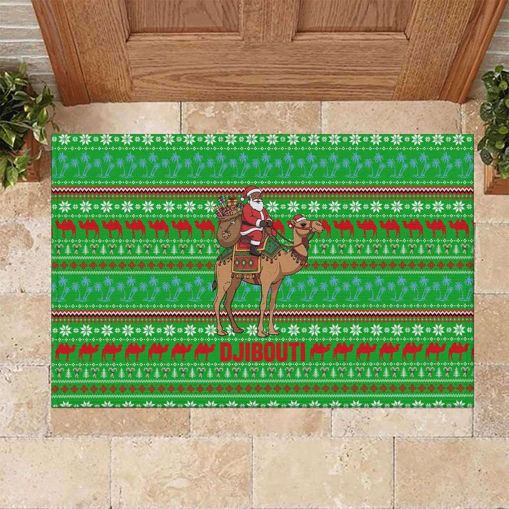 Djibouti Christmas Rubber Doormat with Santa Riding Camel Palm Trees Red Camel - Wonder Print Shop
