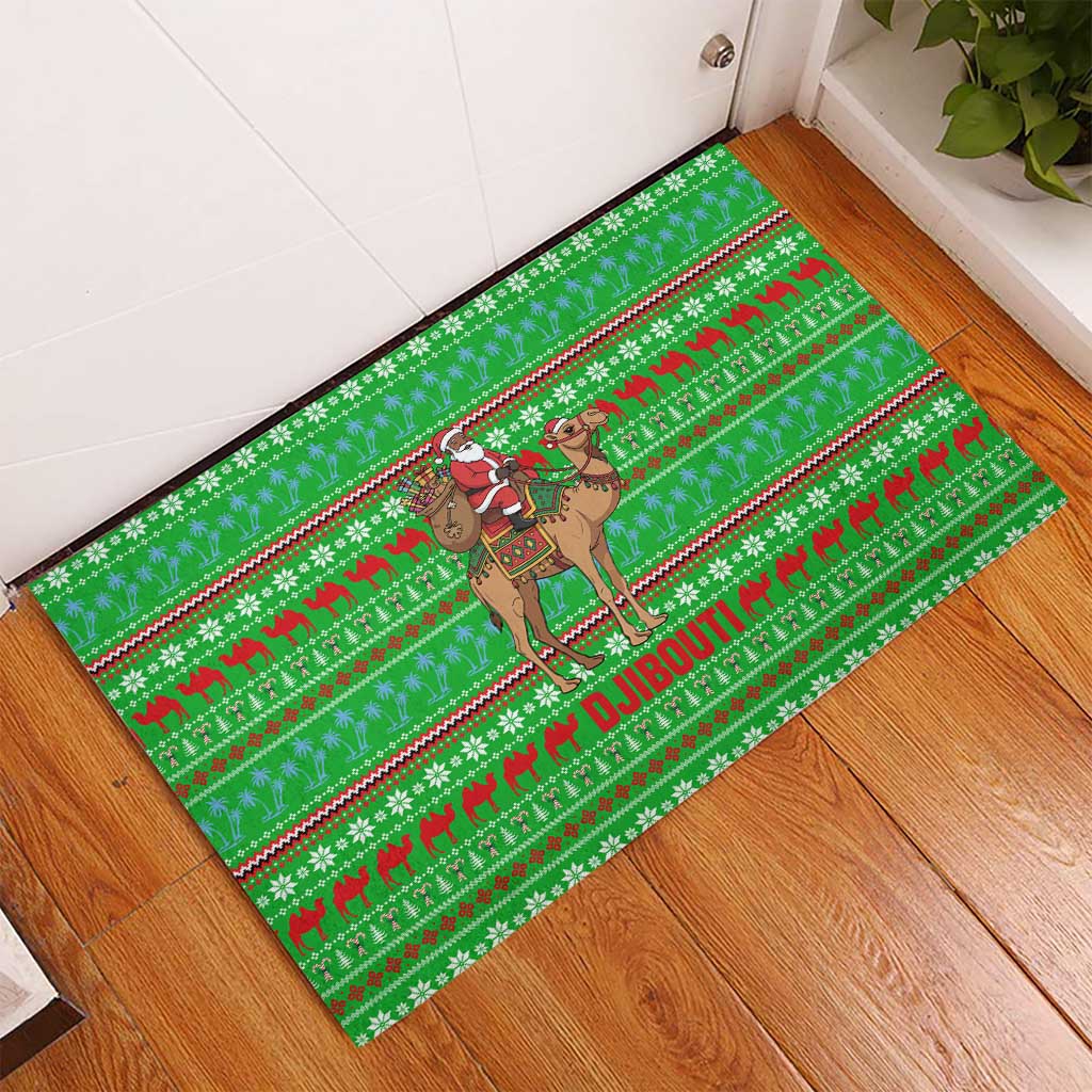 Djibouti Christmas Rubber Doormat with Santa Riding Camel Palm Trees Red Camel - Wonder Print Shop