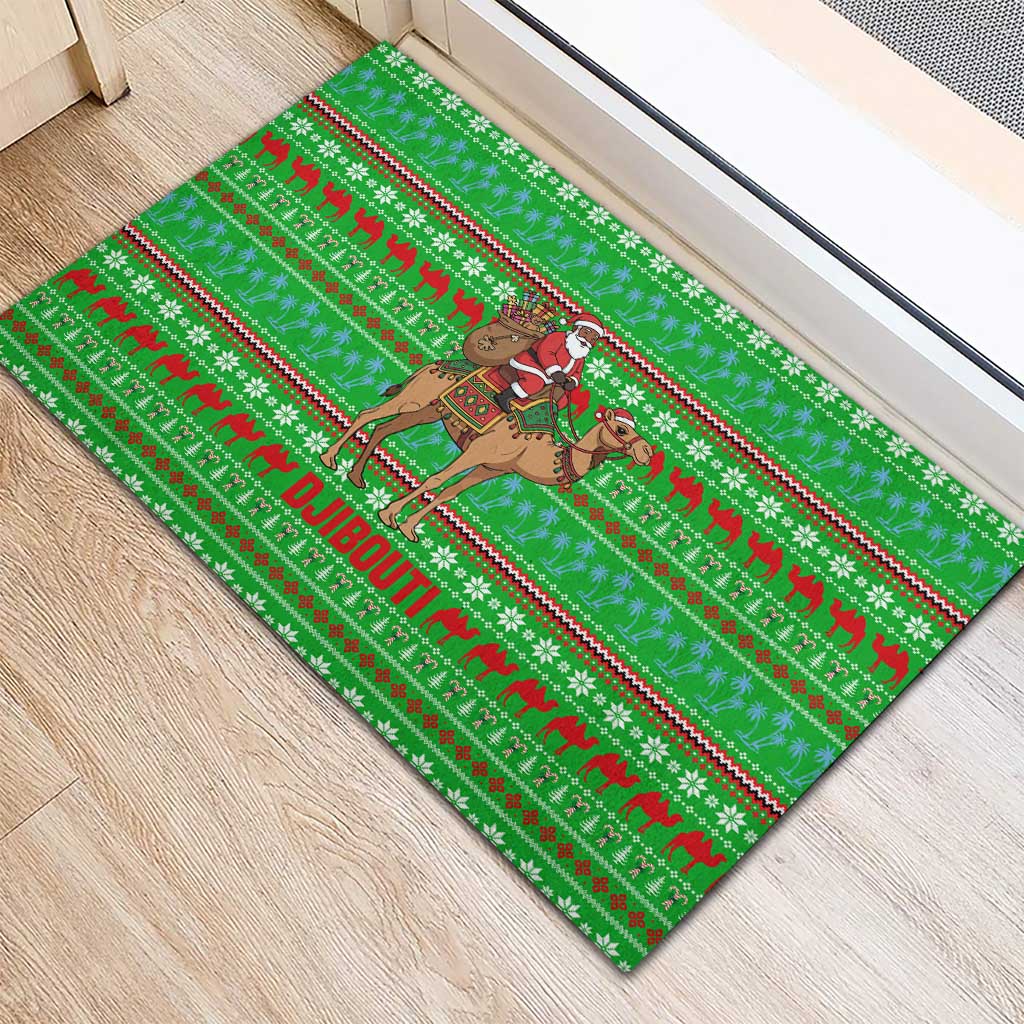 Djibouti Christmas Rubber Doormat with Santa Riding Camel Palm Trees Red Camel - Wonder Print Shop