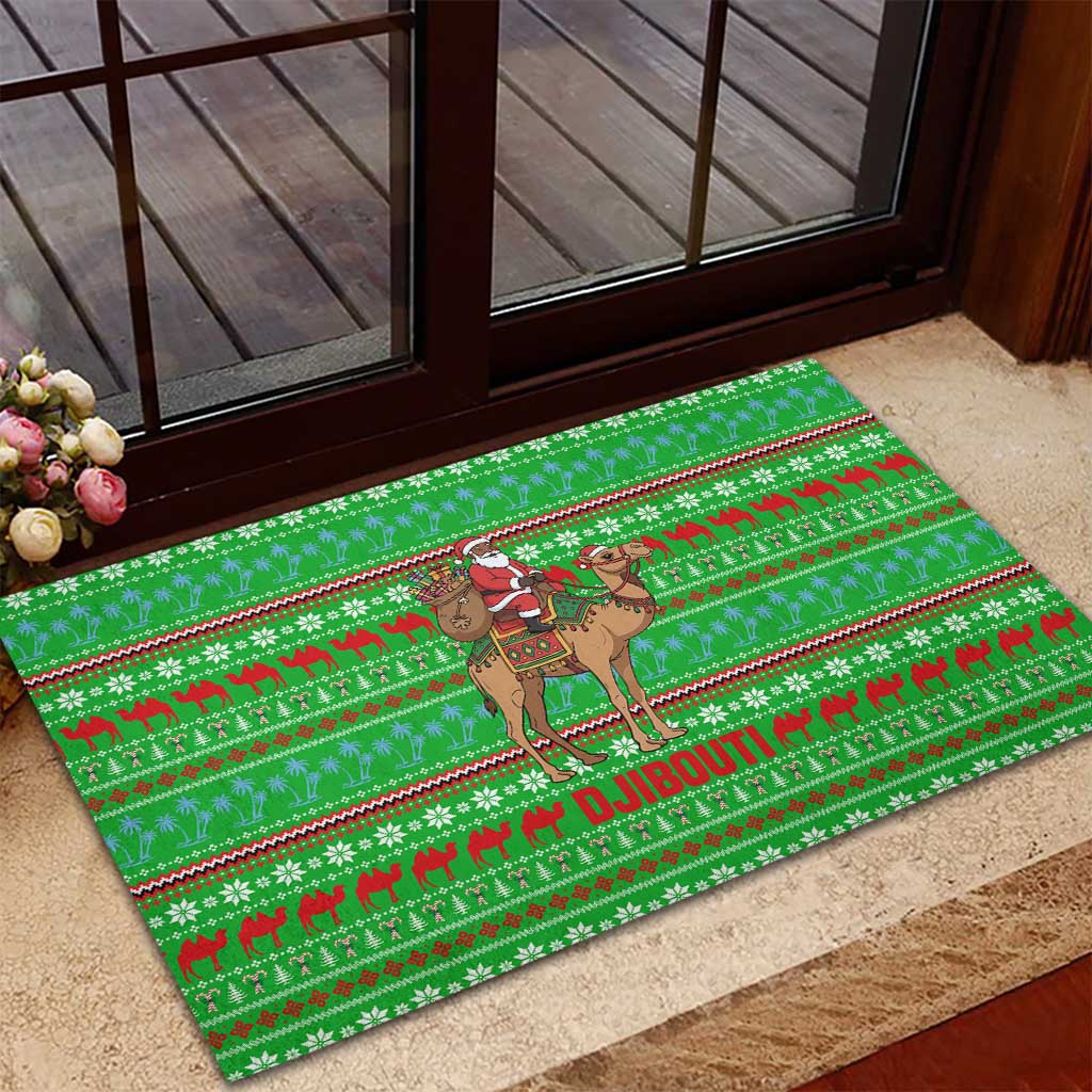 Djibouti Christmas Rubber Doormat with Santa Riding Camel Palm Trees Red Camel - Wonder Print Shop