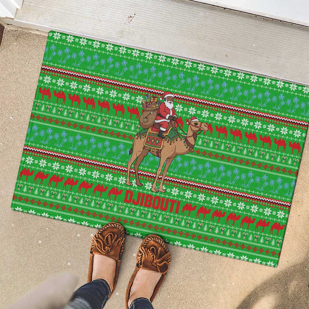 Djibouti Christmas Rubber Doormat with Santa Riding Camel Palm Trees Red Camel - Wonder Print Shop