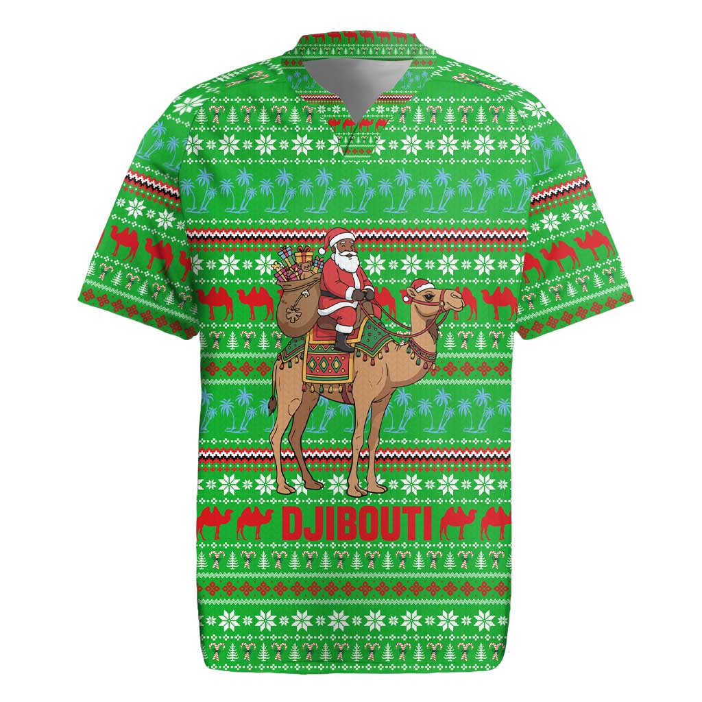 Djibouti Christmas Rugby Jersey with Santa Riding Camel Palm Trees Red Camel - Wonder Print Shop