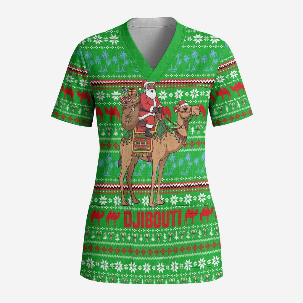 Djibouti Christmas Scrub Top with Santa Riding Camel Palm Trees Red Camel - Wonder Print Shop