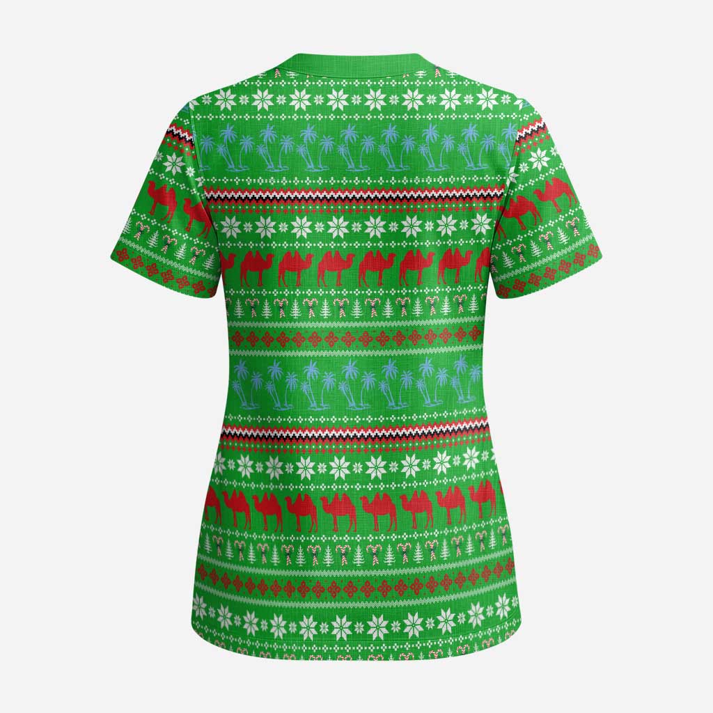 Djibouti Christmas Scrub Top with Santa Riding Camel Palm Trees Red Camel - Wonder Print Shop