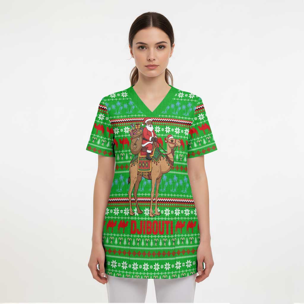Djibouti Christmas Scrub Top with Santa Riding Camel Palm Trees Red Camel - Wonder Print Shop