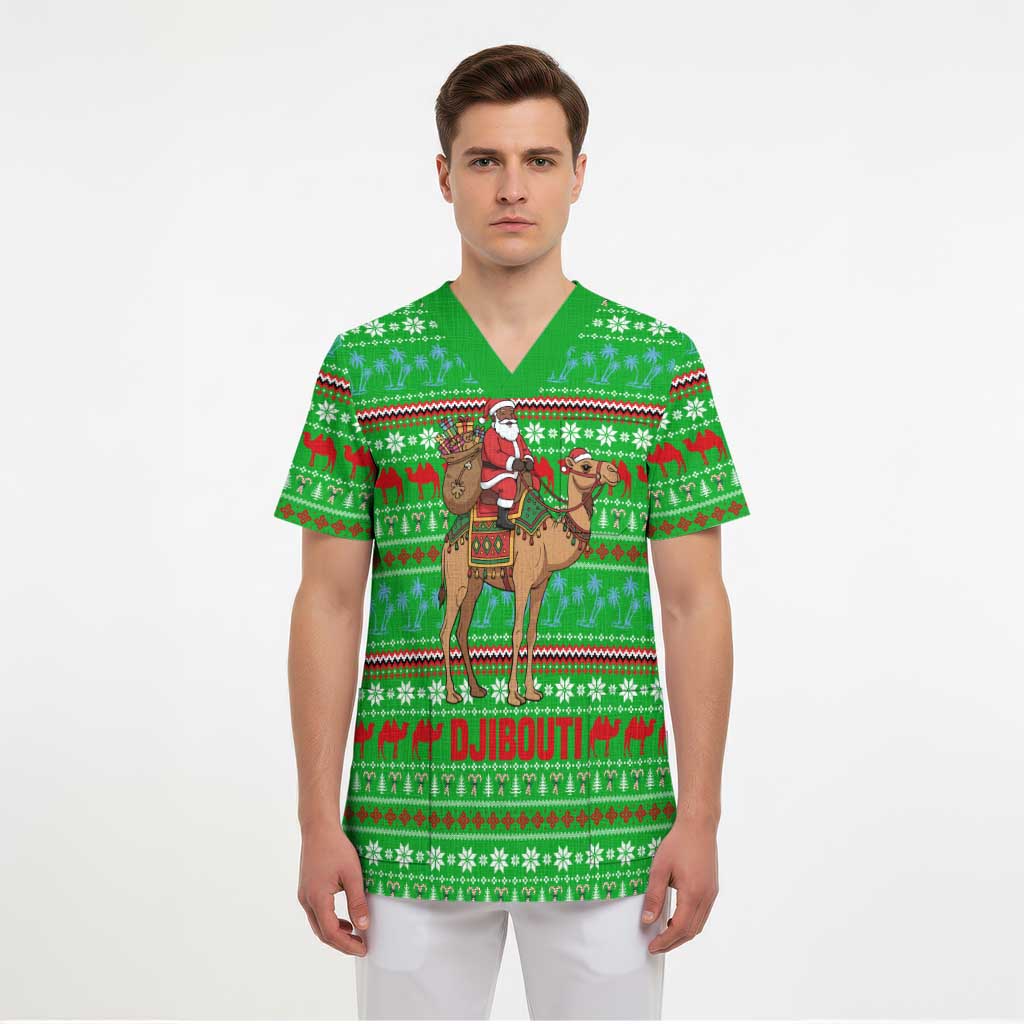 Djibouti Christmas Scrub Top with Santa Riding Camel Palm Trees Red Camel - Wonder Print Shop