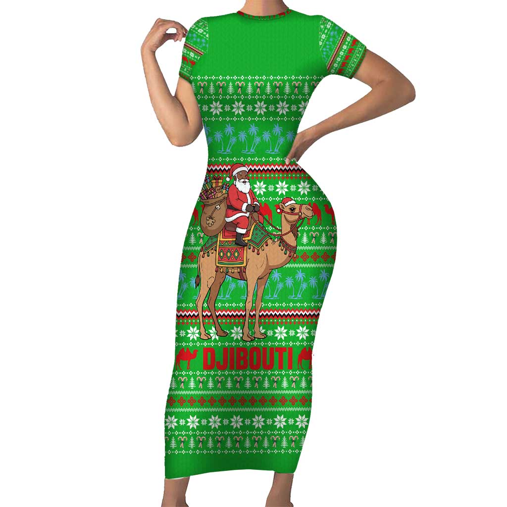 Djibouti Christmas Short Sleeve Bodycon Dress with Santa Riding Camel Palm Trees Red Camel - Wonder Print Shop