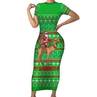 Djibouti Christmas Short Sleeve Bodycon Dress with Santa Riding Camel Palm Trees Red Camel - Wonder Print Shop