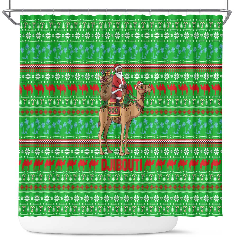 Djibouti Christmas Shower Curtain with Santa Riding Camel Palm Trees Red Camel - Wonder Print Shop