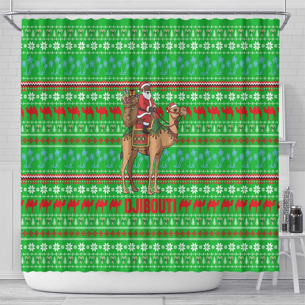 Djibouti Christmas Shower Curtain with Santa Riding Camel Palm Trees Red Camel - Wonder Print Shop