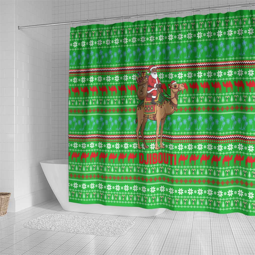 Djibouti Christmas Shower Curtain with Santa Riding Camel Palm Trees Red Camel - Wonder Print Shop