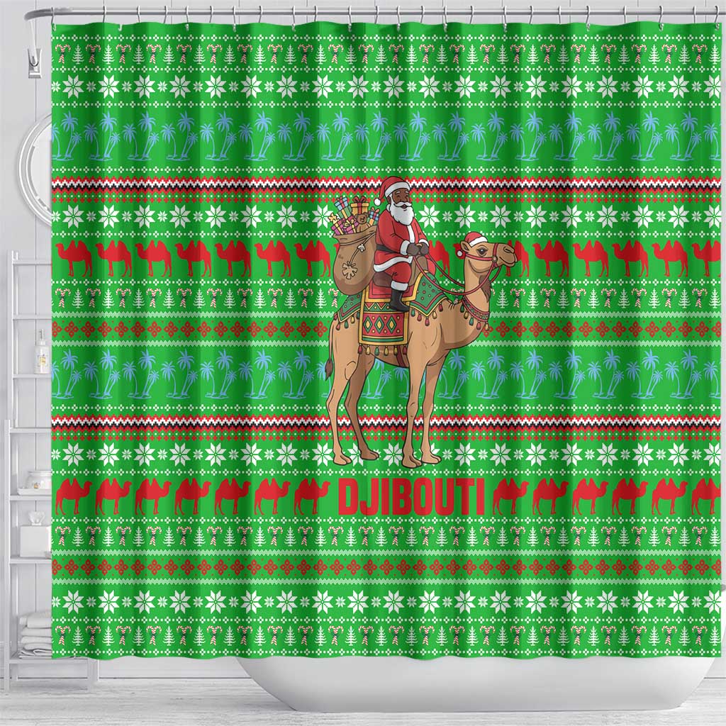 Djibouti Christmas Shower Curtain with Santa Riding Camel Palm Trees Red Camel - Wonder Print Shop
