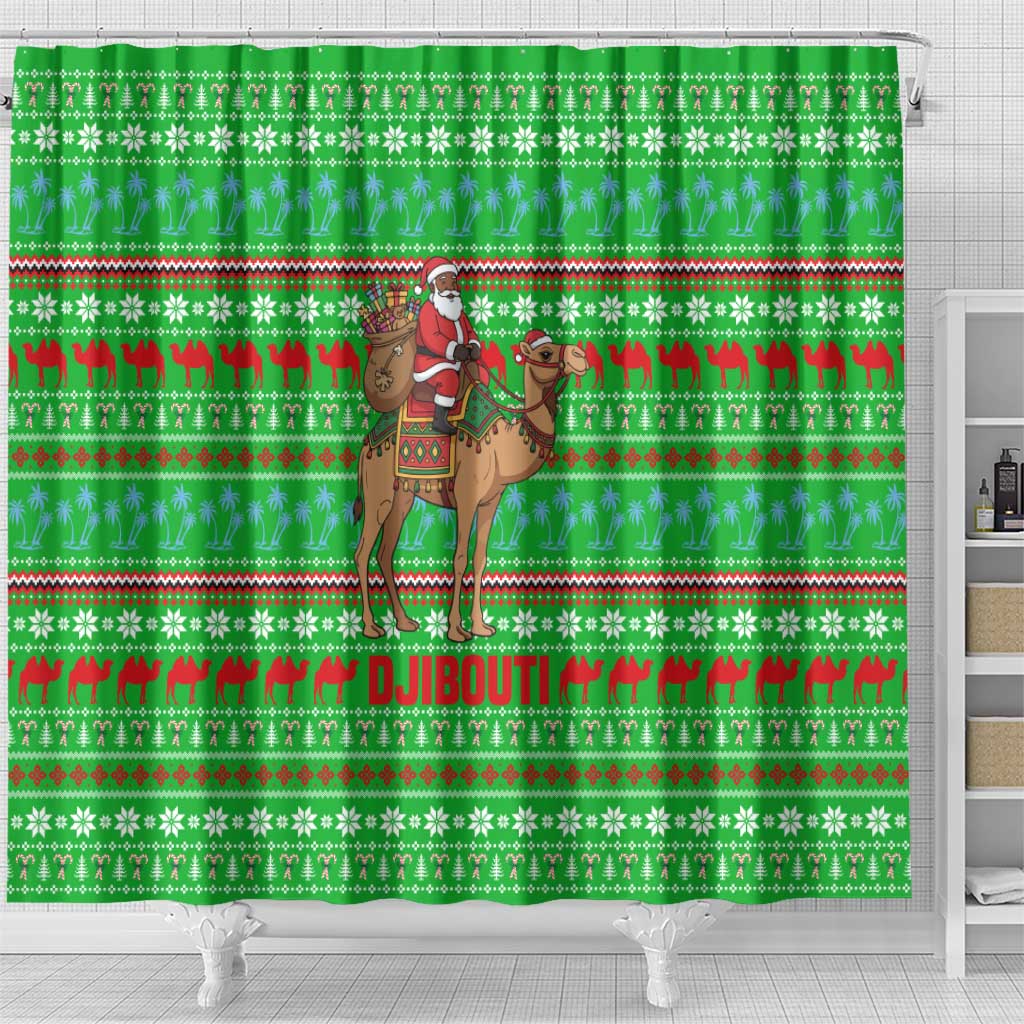Djibouti Christmas Shower Curtain with Santa Riding Camel Palm Trees Red Camel - Wonder Print Shop