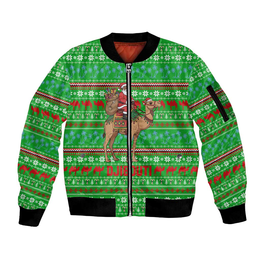 Djibouti Christmas Sleeve Zip Bomber Jacket with Santa Riding Camel Palm Trees Red Camel - Wonder Print Shop