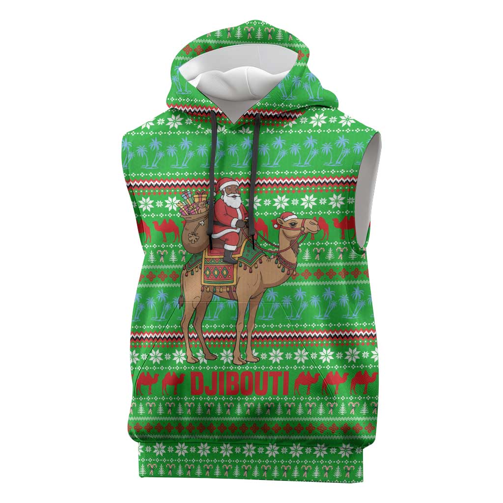 Djibouti Christmas Sleeveless Hoodie with Santa Riding Camel Palm Trees Red Camel - Wonder Print Shop
