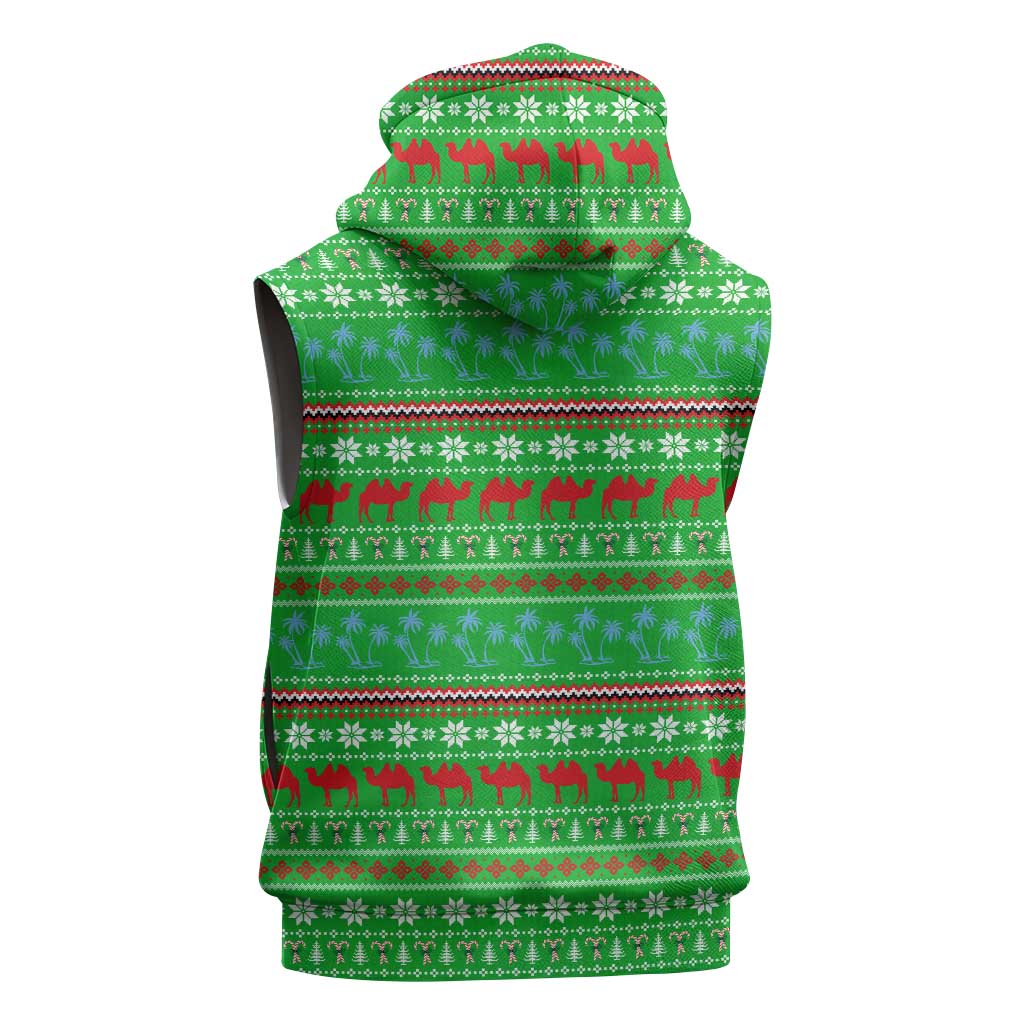 Djibouti Christmas Sleeveless Hoodie with Santa Riding Camel Palm Trees Red Camel - Wonder Print Shop