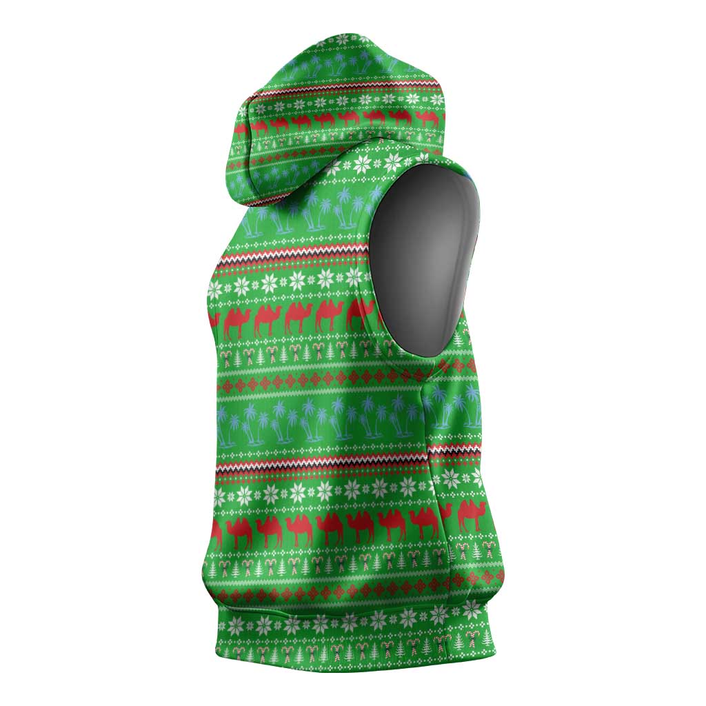 Djibouti Christmas Sleeveless Hoodie with Santa Riding Camel Palm Trees Red Camel - Wonder Print Shop