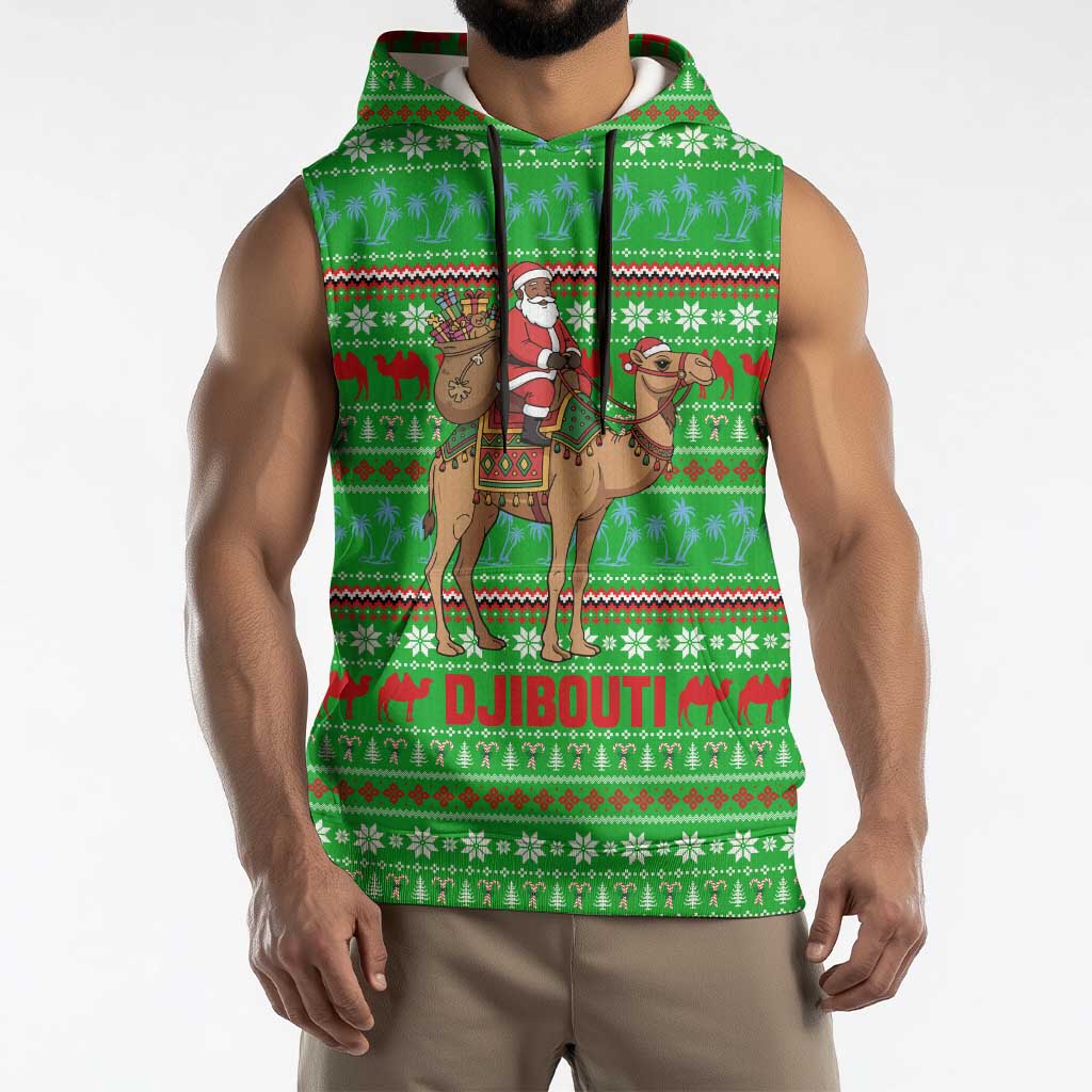Djibouti Christmas Sleeveless Hoodie with Santa Riding Camel Palm Trees Red Camel - Wonder Print Shop